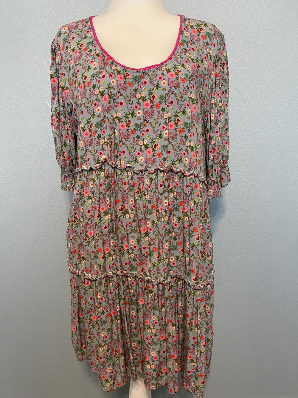 Natural Life Floral Tiered Swing Dress Gray Boho Cottagecore 3/4 Sleeve XL
